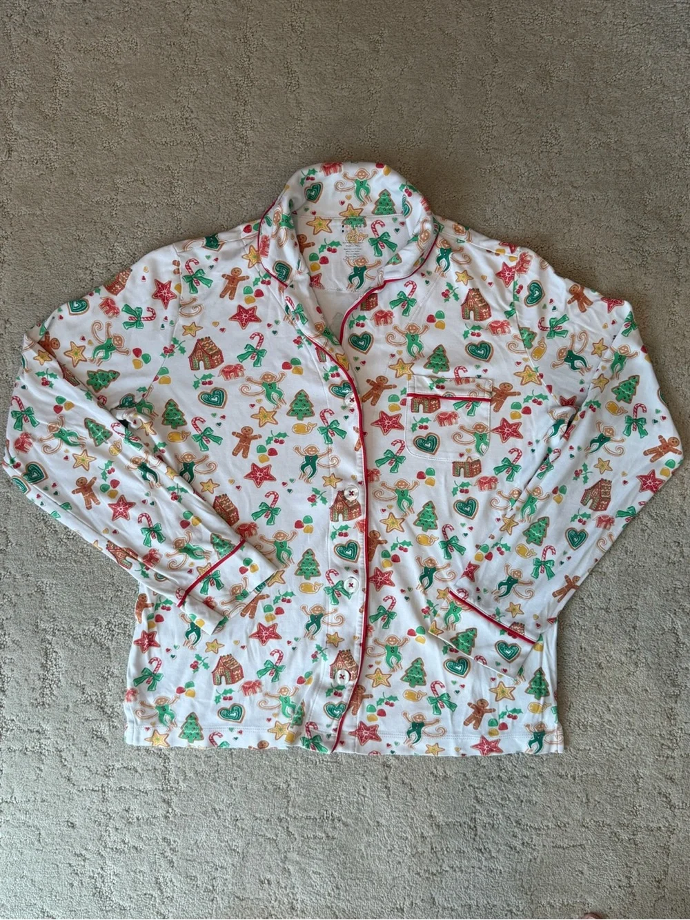 Roller Rabbit White Holiday Gingerbread Print Kids Pajama Set with Red Trim